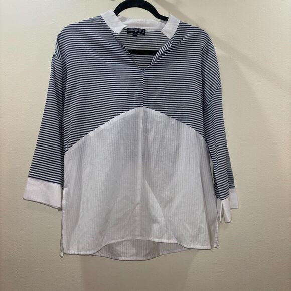 Duffield Lane Navy & White Striped Cotton Tunic Shirt - Size Small - Picture 3 of 8